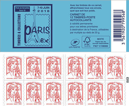 Carnet de 12 timbres Marianne - Rouge - Couverture Salon Philex 2018