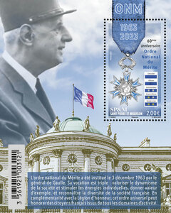 Bloc de 1 timbre Saint Pierre et Miquelon - 60ème anniversaire de l'Ordre National du Mérite