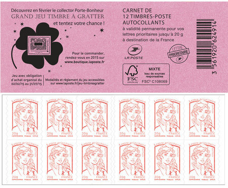 Carnet de 12 timbres Marianne - Rouge - Couverture Grand jeu timbre à gratter