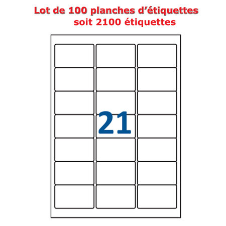 Lot de 100 Planches étiquettes autocollantes pour Timbres sur feuille A4 : 63 5 x 38 1 mm (21 étiquettes par feuille)