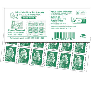 Carnet 12 timbres Marianne l'engagée - Lettre Verte - Couverture Salon Philatélique de Printemps 2023
