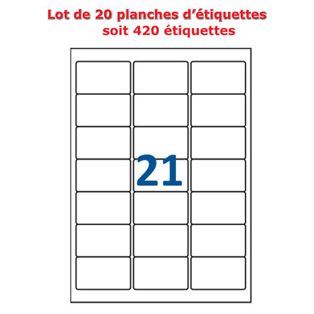 Lot de 20 Planches étiquettes autocollantes pour Timbres sur feuille A4 : 63 5 x 38 1 mm (21 étiquettes par feuille)