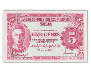Billet de Collection 5 Cents 1941 (1945) Malaya - Neuf - P7a