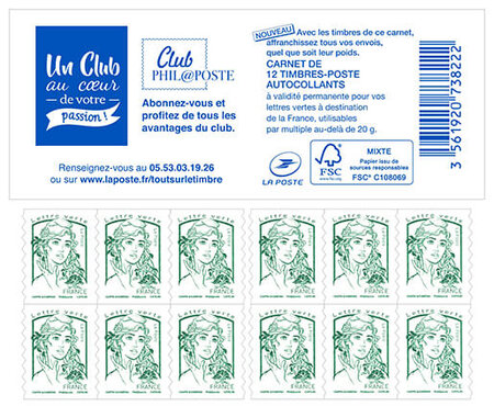 Carnet de 12 timbres Marianne - Vert - Couverture Club Philaposte