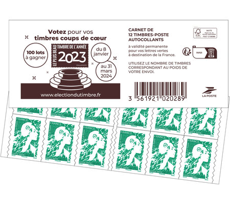 Carnet 12 timbres Marianne de l'avenir - Lettre Verte - Couverture Election du timbre de l'année