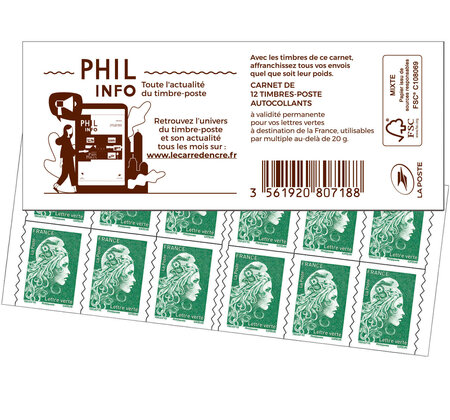 Carnet 12 timbres Marianne l'engagée - Lettre Verte - Couverture Philinfo  2022