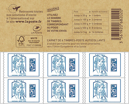 Carnet de 6 timbres Marianne 2016 - Europe