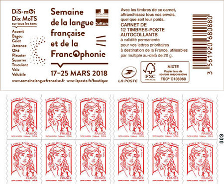 Carnet de 12 timbres Marianne - Rouge - Couverture Semaine de la langue française et de la francophonie