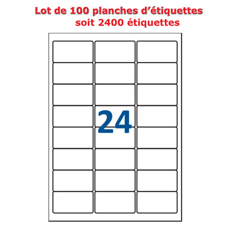 Lot de 100 Planches étiquettes autocollantes pour Timbres sur feuille A4 : 63 5 x 33 9 mm (24 étiquettes par feuille)