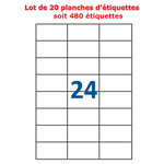 Lot de 20 planches étiquettes autocollantes pour timbres sur feuille a4 : 70 x 37 mm (24 étiquettes par feuille)