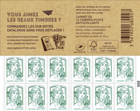 Carnet de 12 timbres Marianne - Vert - Couverture Catalogue Phil@poste