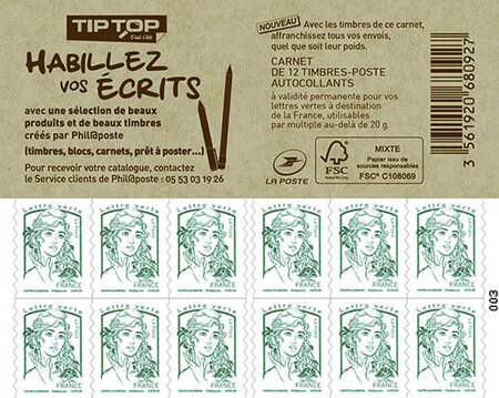 Carnet de 12 timbres Marianne - Vert - Couverture  Tip Top