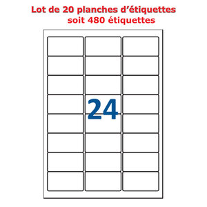 Lot de 20 planches étiquettes autocollantes pour timbres sur feuille a4 : 63,5 x 33,9 mm (24 étiquettes par feuille; spéciales timbre)