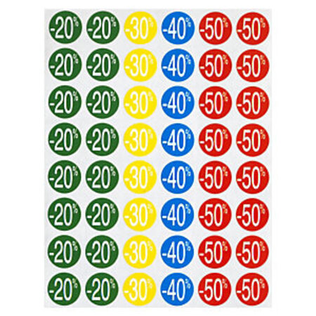 Pochette de 240 stickers de remises de -20 % à - 50 %, Ø 37.5 mm, couleurs assorties