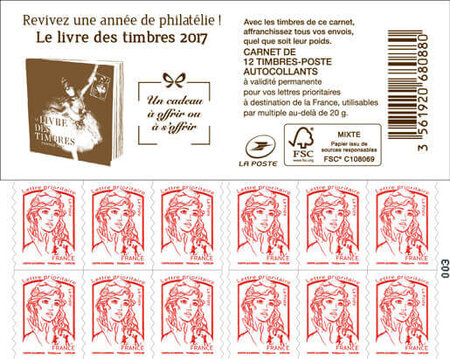 Carnet de 12 timbres Marianne Rouge - Couverture Livre des timbres 2017