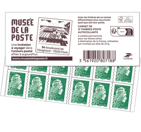 Carnet 12 timbres Marianne l'engagée - Lettre Verte - Couverture Musée de La Poste