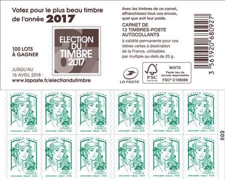 Carnet de 12 timbres Marianne - Vert - Couverture Election du plus beau Timbre de l'année 2017