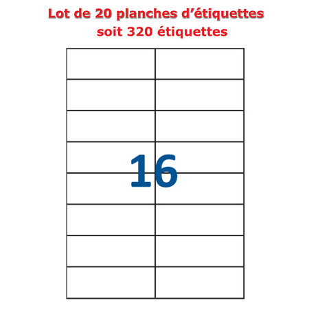 Lot de 20 Planches étiquettes autocollantes blanches sur feuille A4 : 105 x 37 mm (16 étiquettes)